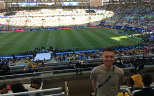 Manchester sports journalism trainee Jacob at the Maracanã stadium in Brazil