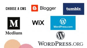Beth's recommendations for content management systems (CMS). Shows logos on a white background, including WiX, Blogger, WordPress, Tumblr and Medium