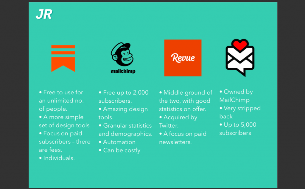 Jem's recommendations for platforms to host your newsletter, including Substack, Mailchimp, Revue and LittleLetter