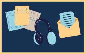 Graphic art of three publications, headphones and a letter, in navy blue, sky blue and yellow