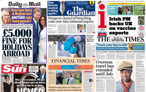 Collage of UK newspaper front pages 23/03/21
