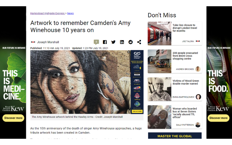 Screenshot of Joe's Ham & High story about tribute artwork of Amy Winehouse