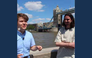 Will Evans interviewing Chris Byfield in front of Tower Bridge, London.