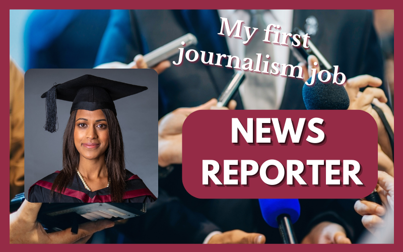 Local news reporter Rahima in her graduation cap and gown. She is smiling for a photo. Her photo is on top of a photo of reporters interviewing someone.
