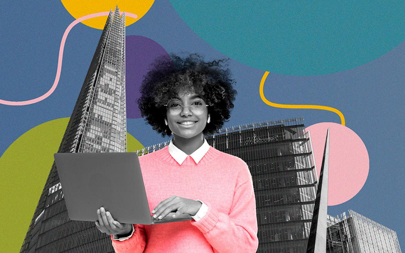 A photo/graphic of a woman holding a laptop in front of a London backdrop. It's to illustrate The Times Summer Academy.