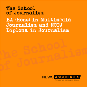 The front page of The School of Journalism brochure. It is bright orange with the text: BA (Hons) in Multimedia Journalism and NCTJ Diploma in Journalism