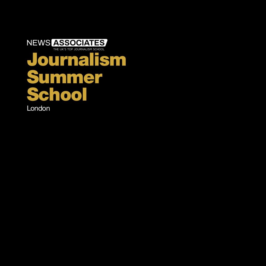 The front page of our Journalism Summer School brochure. The background is black, there is a white News Associates Logo on top of yellow text which reads Journalism Summer School.