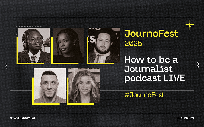 A black and yellow How to be a Journalist podcast live graphic.