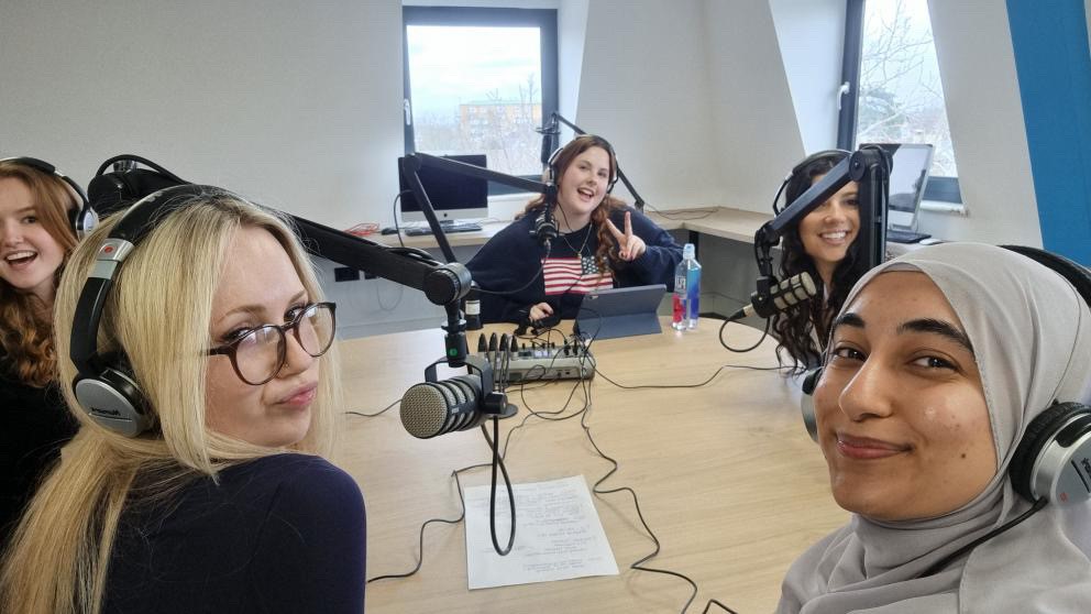 SOJ podcats picture School of Journalism trainees recording a podcast.