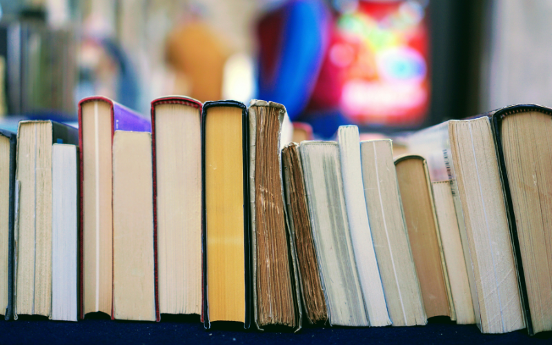 A photo of books lined up, used to illustrate our story about books about journalism.