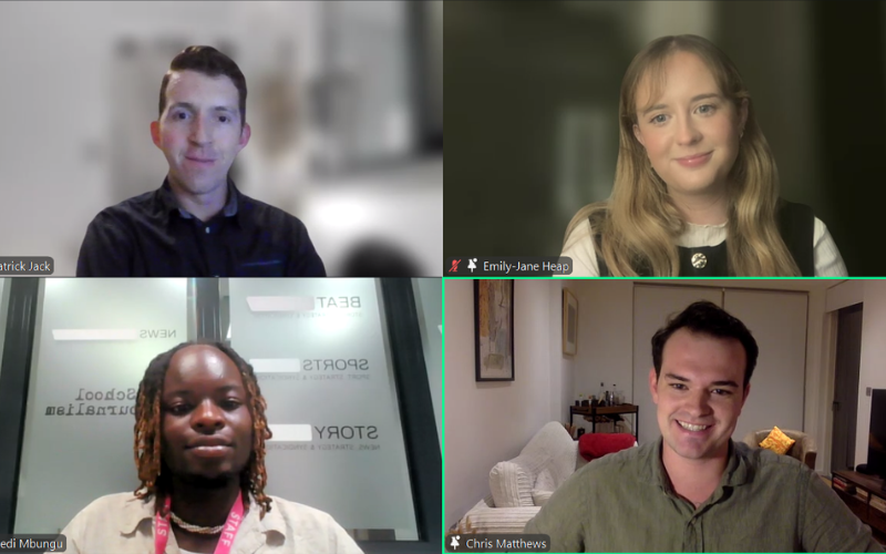 A screenshot from the Zoom data and investigations panel of Chris Mstthews, Emily-Jane Heap, Patrick Jack and host Plamedi Mbungu