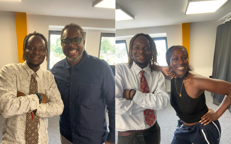 Two photos of How to be a Journalist host Plamedi with guests Jordan and Hannah