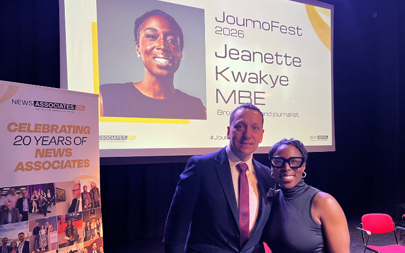 A photo of journalism tutor Phil Wilkinson with Jeanette Kwakye MBE at JournoFest 2026