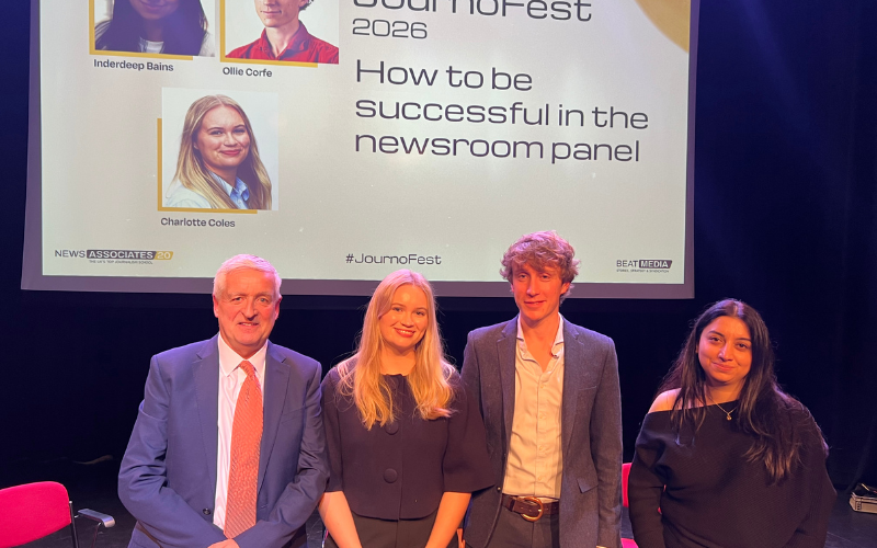 A photo on the stage of JournoFest 2026 with journalism training consultant Graham Dudman, BBC South journalist Charlotte Coles, The Telegraph data journalist Ollie Corfe and Daily Mail chief news correspondent